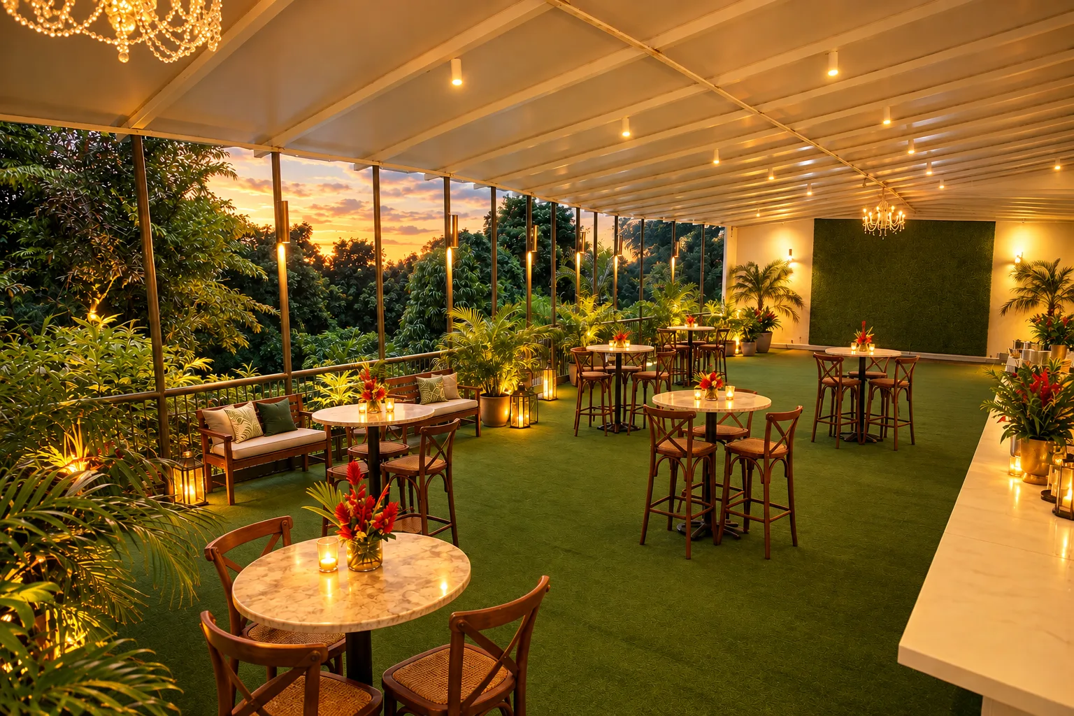 Varanda coberta da Maison Joá ao pôr do sol, com mesas bistrô decoradas com flores tropicais, lounge de madeira e vista para a mata