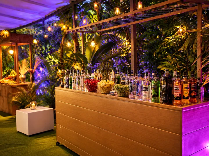 Bar montado no jardim com garrafas de destilados, luzes pendentes e plantas tropicais